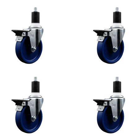 Service Caster 5'' Solid Poly Swivel 1-1/2'' Expanding Stem Caster Set with Brake, 4PK SCC-EX20S514-SPUS-PLB-112-4